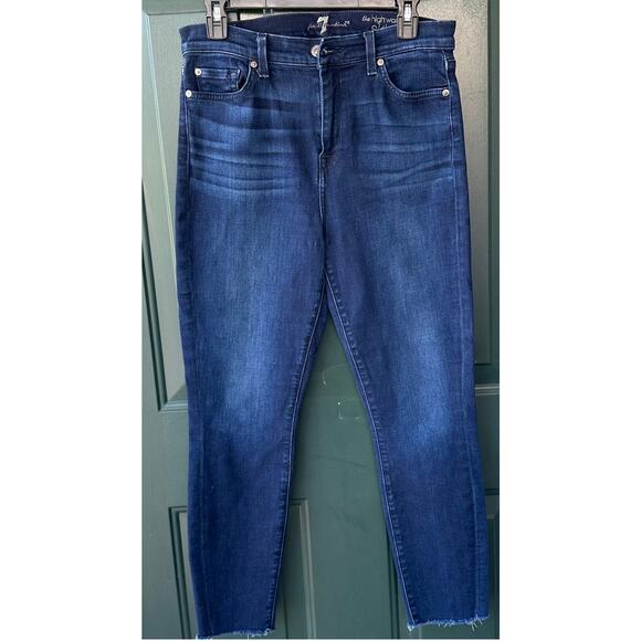 7 For All Mankind Jeans 30 High Waist Ankle Skinny Dark Wash Raw Hem Stretch - Picture 1 of 10